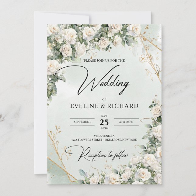 Invitation Rose blanche anglaise vert eucalyptus et or (Devant)
