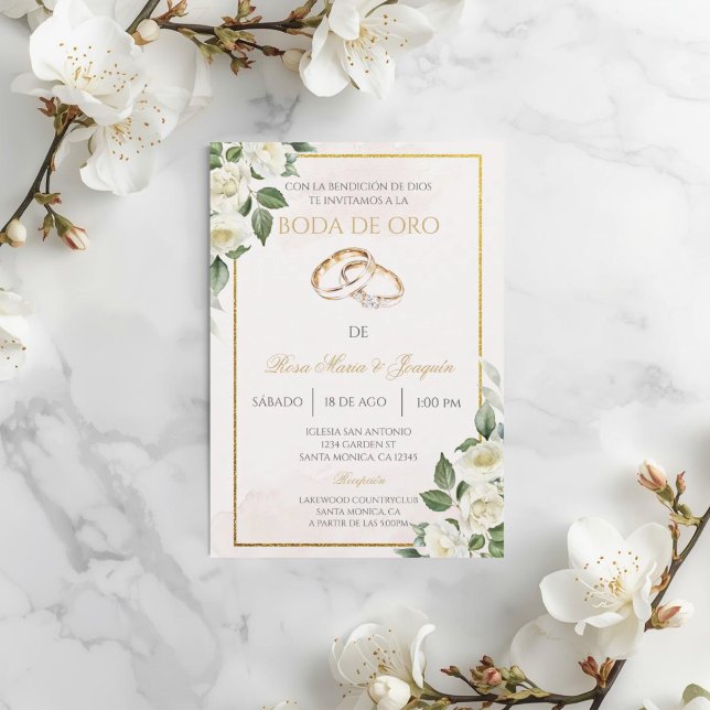 Invitation Rose blanche Beige Noces d'or  (Créateur téléchargé)