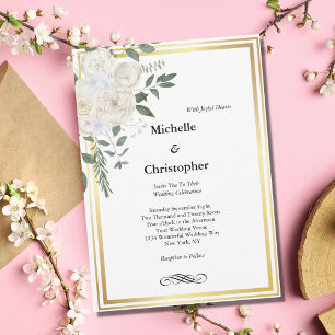 Invitation Rose Blanche Bordure Or Fleurs Élégantes Mariage