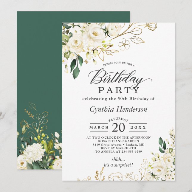 Invitation Rose blanche de verdure Floral Adulte fête d'anniv (Devant / Derrière)