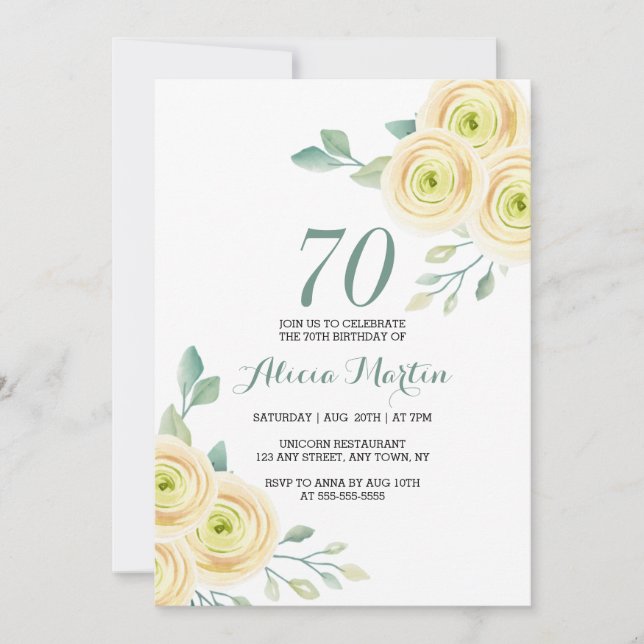 Invitation Rose blanche douce Flora Vert 70e anniversaire (Devant)