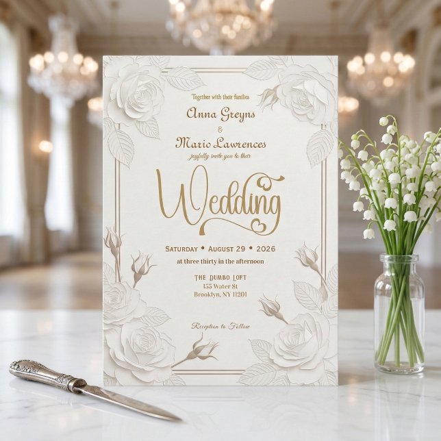 Invitation Rose Blanche Effet Découpe Papier 3D Or Faux Maria (Créateur téléchargé)