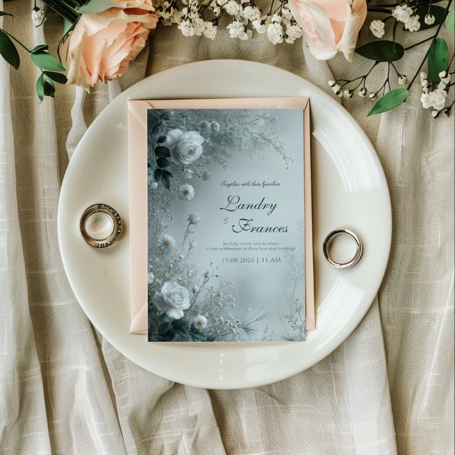 Invitation Rose Blanche et Brume Bleue Poussiéreuse Mariage d (Créateur téléchargé)
