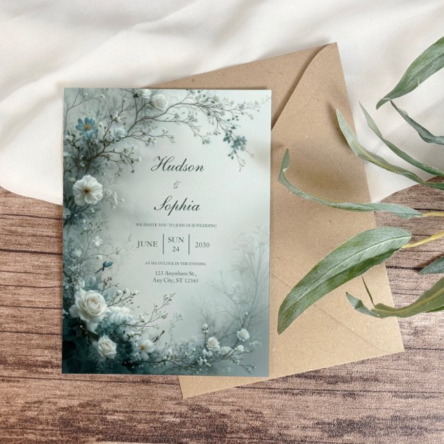 Invitation Rose Blanche et Brume Bleue Poussiéreuse Mariage d (Créateur téléchargé)