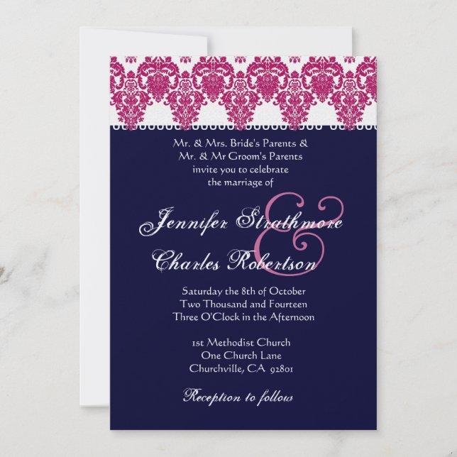 Invitation rose, blanche et de minuit de mariage (Devant)