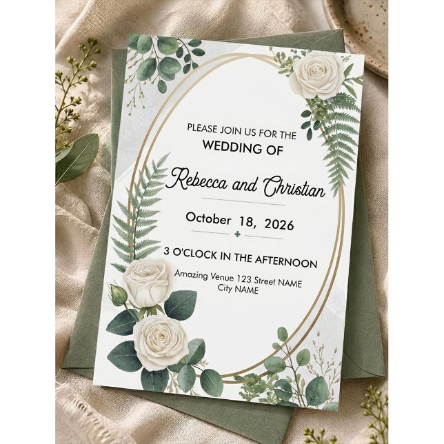 Invitation Rose Blanche et Eucalyptus Géométrique Or Mariage (Créateur téléchargé)