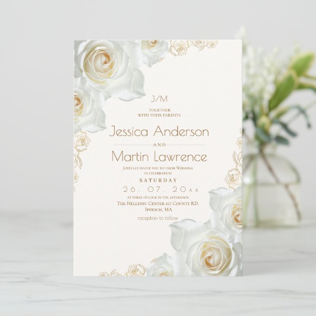 Invitation Rose blanche et fleurs dorées Élégant mariage (Debout devant)