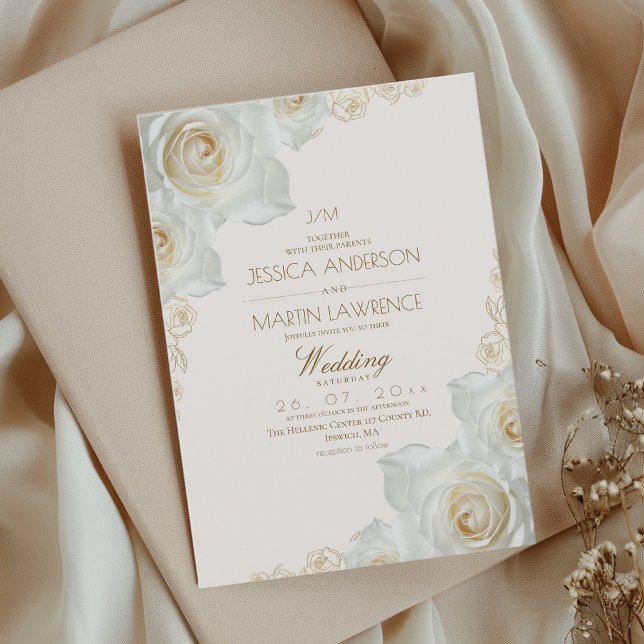 Invitation Rose blanche et fleurs dorées Élégant mariage doux (Créateur téléchargé)