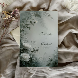 Invitation Rose Blanche et Fougère Gris Poussiéreux Mariage d