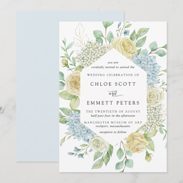 Invitation Rose blanche et Mariage bleu Hydrangea (Devant / Derrière)