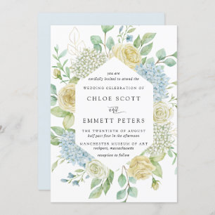 Invitation Rose blanche et Mariage bleu Hydrangea
