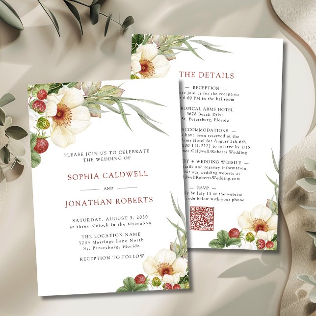 Invitation Rose blanche et Mariage de fraises sauvages (White Roses and Wild Strawberries Wedding Invitations)