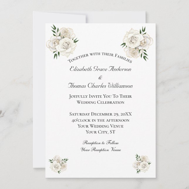 Invitation Rose blanche et or, élégant et classique, mariage  (Devant)