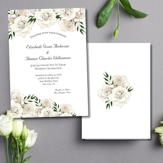 Invitation Rose blanche et or, élégant et classique, mariage  (White Roses Gold Trim Elegant Wedding Invitation. Printed or Instant Digital Download)