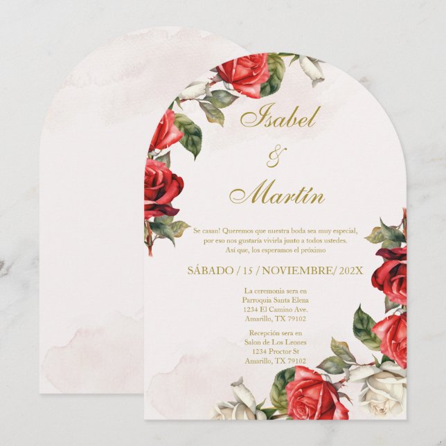 Invitation Rose blanche et rouge Élégant mariage espagnol (Devant / Derrière)