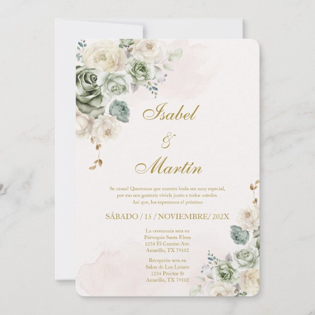 Invitation Rose blanche et rouge Élégant mariage espagnol (Devant)