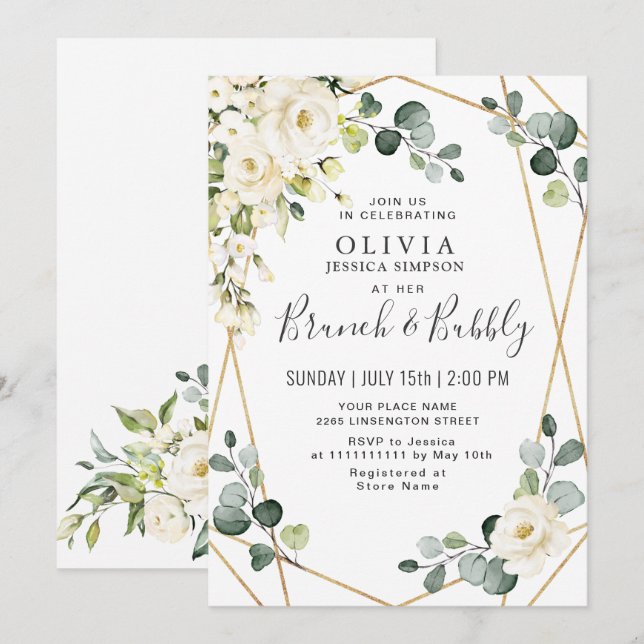 Invitation Rose Blanche Eucalyptus Verdure Brunch & Bubbly (Devant / Derrière)
