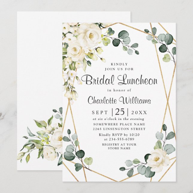 Invitation Rose Blanche Eucalyptus Verdure Luncheon de Mariag (Devant / Derrière)