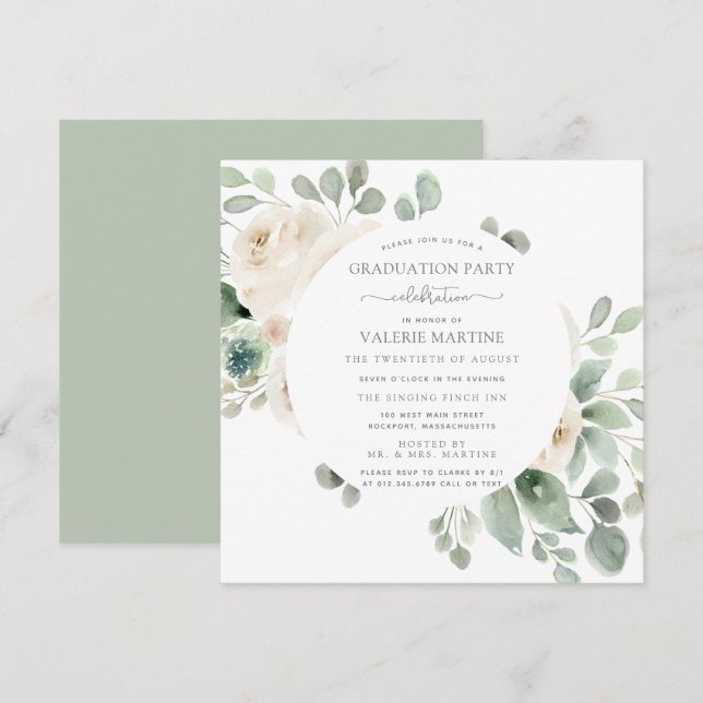Invitation Rose blanche Fleur de la fête de graduation botani (Devant / Derrière)