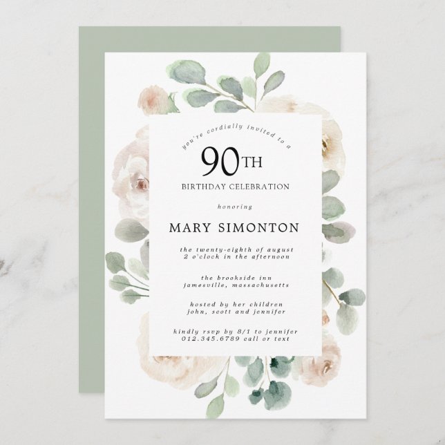 Invitation Rose blanche Fleur Eucalyptus 90e fête d'anniversa (Devant / Derrière)