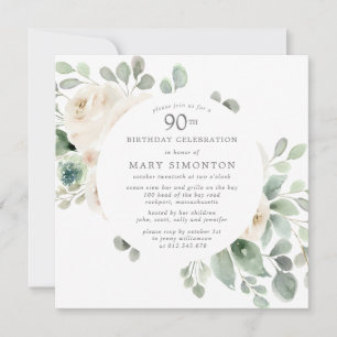 Invitation Rose blanche Fleur Eucalyptus 90e fête d'anniversa
