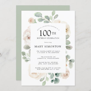 Invitation Rose blanche Floral Eucalyptus 100e fête d'anniver