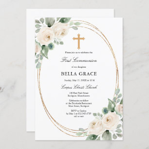 Invitation Rose Blanche Floral Première Sainte Communion Invi