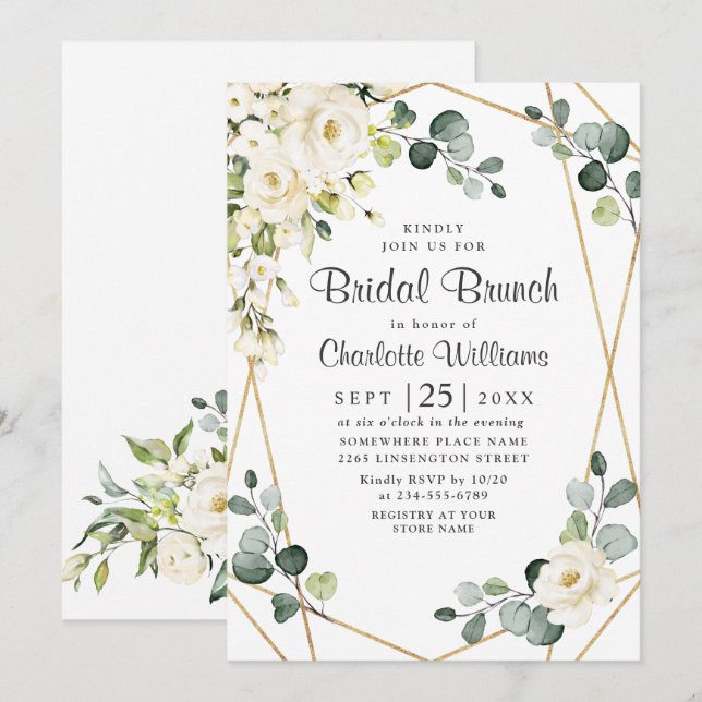 Invitation Rose blanche ivoire Eucalyptus verdure Brunch de m (Devant / Derrière)