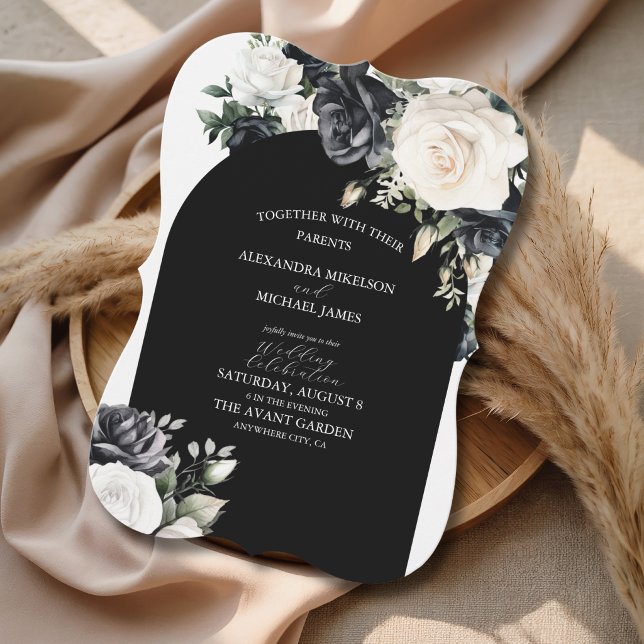 Invitation Rose Blanche Mariage Élégant Noir (Créateur téléchargé)