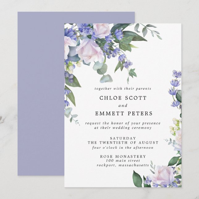 Invitation Rose blanche Mariage floral bleu (Devant / Derrière)