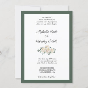 Invitation Rose blanche minimaliste et Mariage frontalier ver