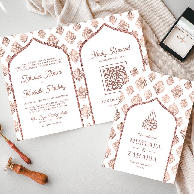 Invitation Rose blanche or damassé arc code QR mariage musulm (Créateur téléchargé)