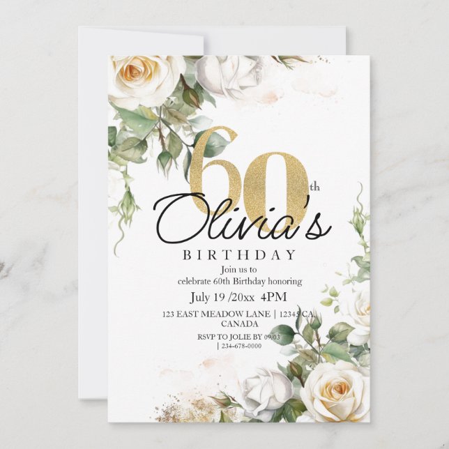 Invitation Rose Blanche  & Or  Élégant 60e Anniversaire (Devant)