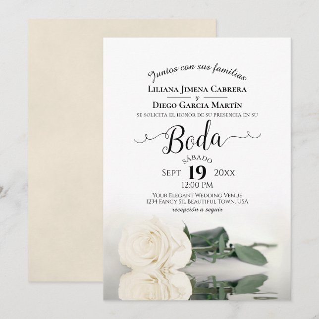 Invitation Rose blanche Romantique espagnol Boda Mariage (Devant / Derrière)