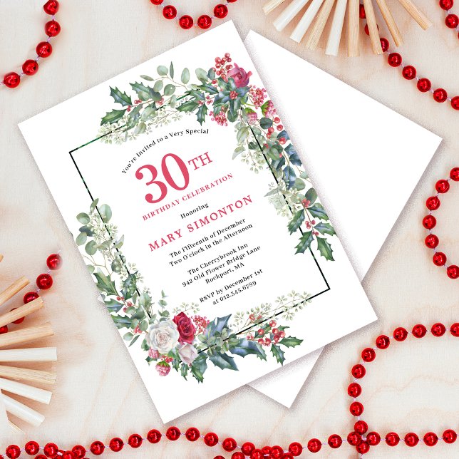 Invitation Rose blanche rouge Floral Holly 30e fête d'anniver (Need a matching welcome sign? Message me!)