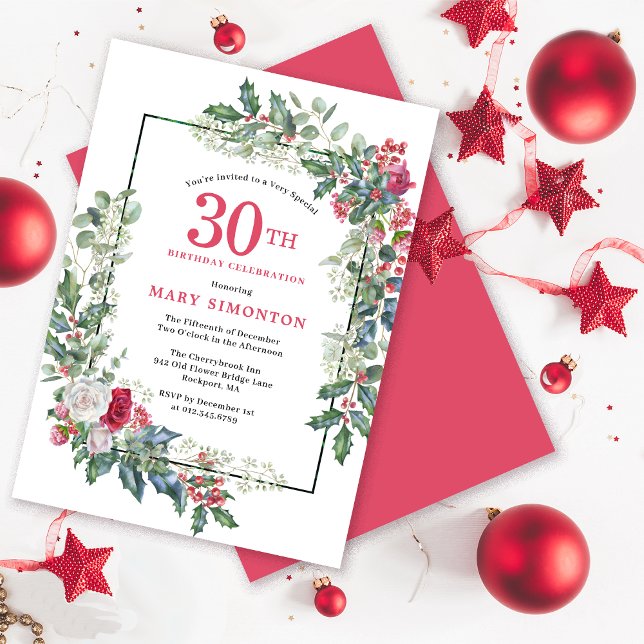 Invitation Rose blanche rouge Floral Holly 30e fête d'anniver (Need a matching welcome sign. Coordinating party supplies available. Message me!)