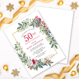 Invitation Rose blanche rouge Floral Holly 50e fête d'anniver