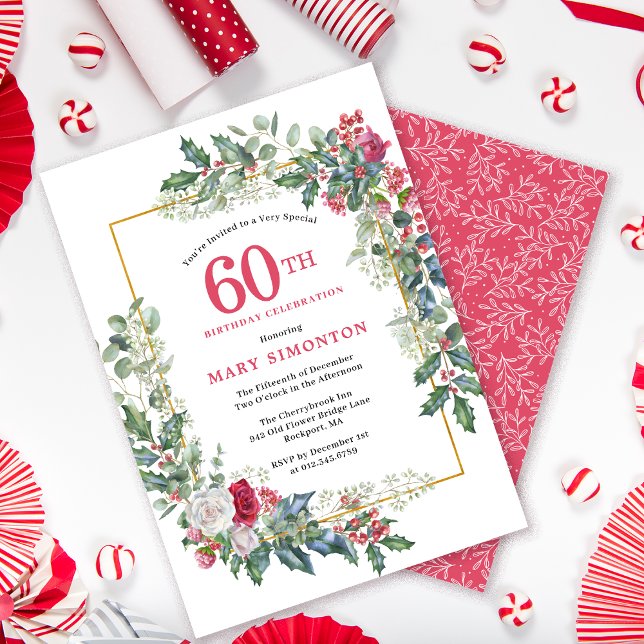Invitation Rose blanche rouge Floral Holly 60e fête d'anniver (Need a matching Welcome Sign. Message me!)