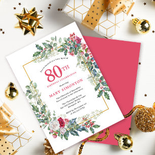 Invitation Rose blanche rouge Floral Holly 80e fête d'anniver
