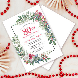 Invitation Rose blanche rouge Floral Holly 80e fête d'anniver