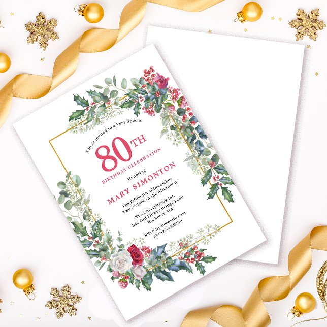 Invitation Rose blanche rouge Floral Holly 80e fête d'anniver (Need a matching welcome sign? Party supplies. Message me!)