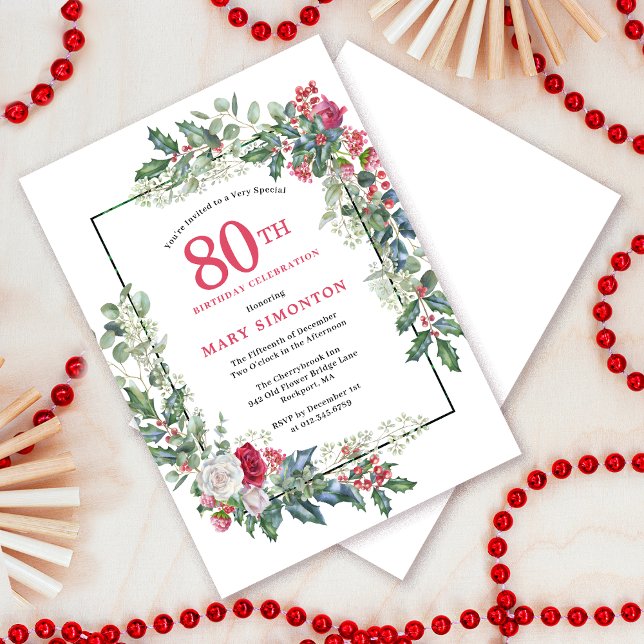 Invitation Rose blanche rouge Floral Holly 80e fête d'anniver (Do you need a matching welcome sign? Message me!)