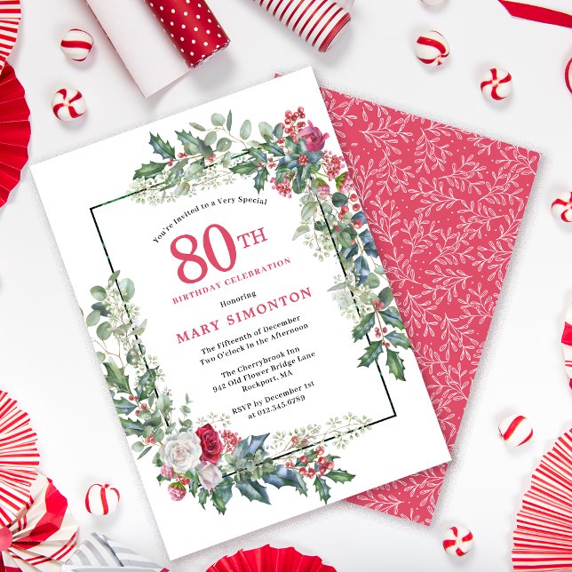 Invitation Rose blanche rouge Floral Holly 80e fête d'anniver (Need a matching welcome sign? Message me!)