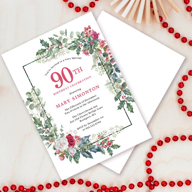 Invitation Rose blanche rouge Floral Holly 90e fête d'anniver (Do you need a matching welcome sign? Message me!)
