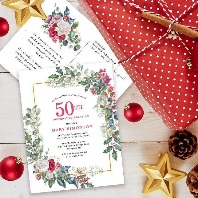 Invitation Rose Blanche Rouge Florale Houx 50e (Need a matching Welcome Sign. Party Supplies. Message me!)