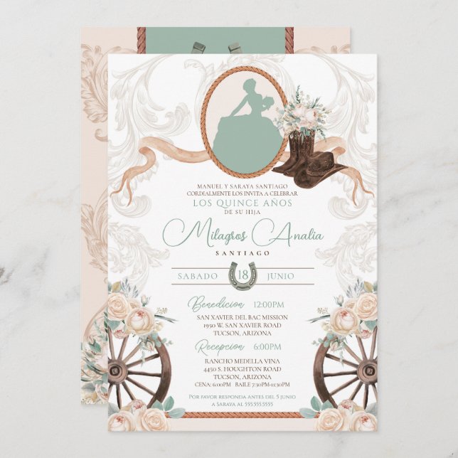 Invitation Rose blanche Sage Elegant Charro Quinceanera Ouest (Devant / Derrière)