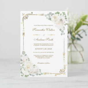 Invitation Rose Blanche, Sage, Vert, Or Mariage