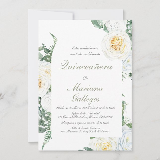 Invitation Rose blanche verdoyante Quinceanera (Devant)