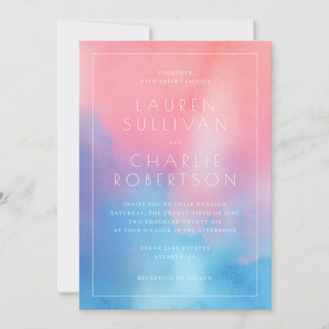 Invitation Rose Bleu Aquarelle Romantique (Devant)