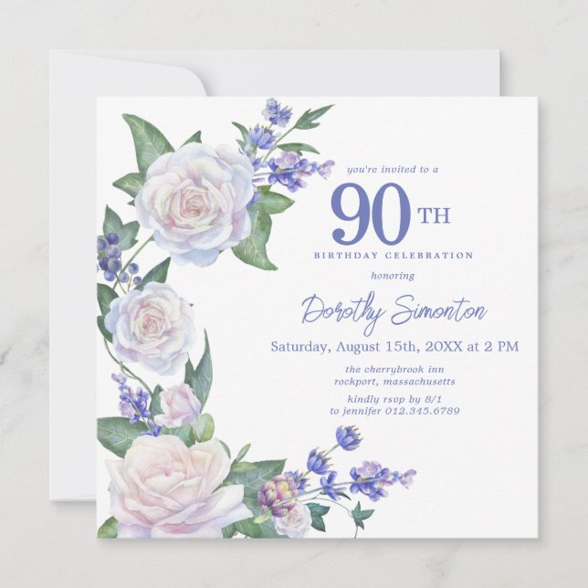 Invitation Rose bleu blanc Floral 90e anniversaire Carré (Devant)